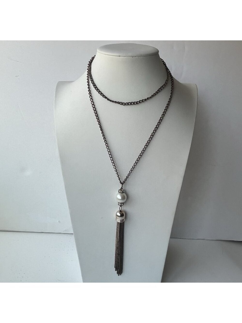 Long Tassel Necklace Faux Pearl Rhinestone Accent Statement Jewelry 20" Boho